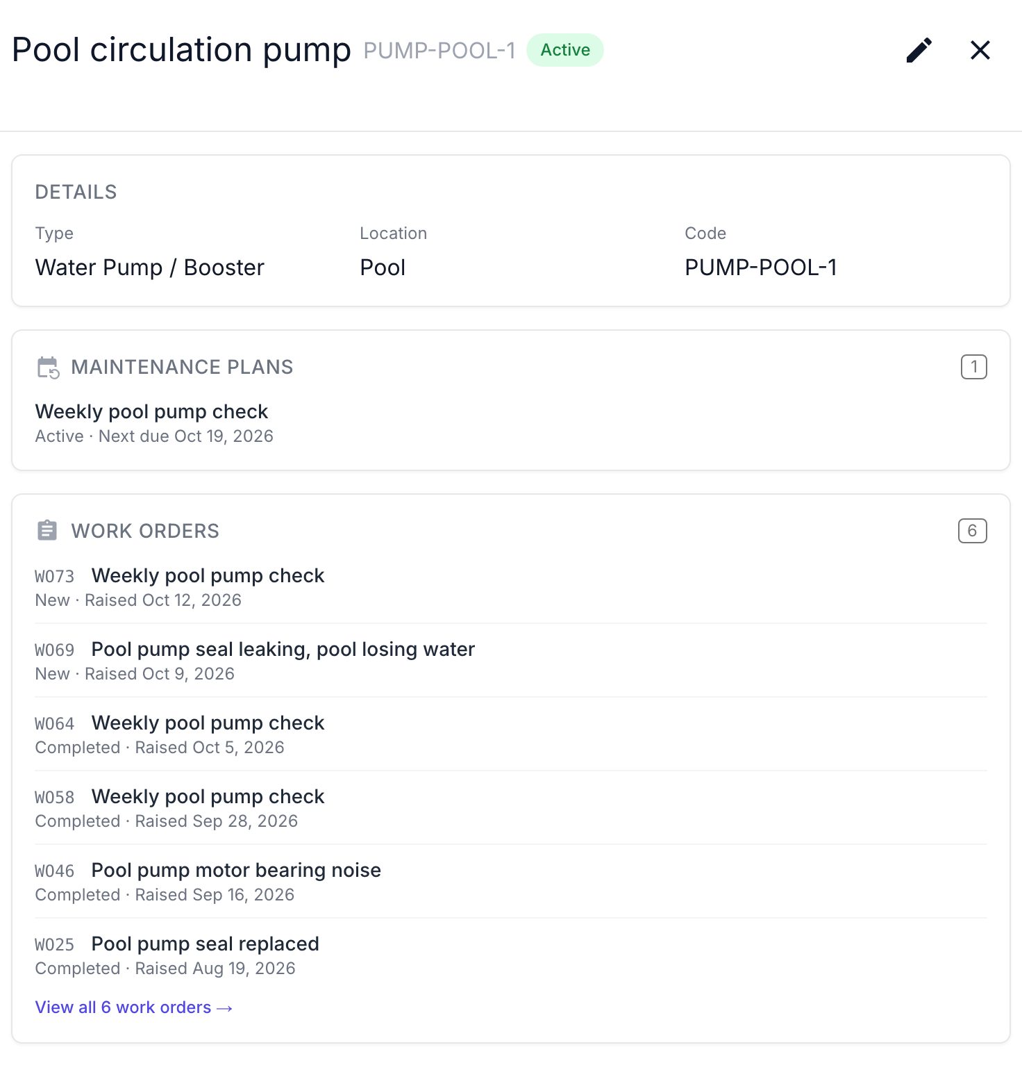 An asset record, Pool circulation pump, with its maintenance plan and linked work orders.