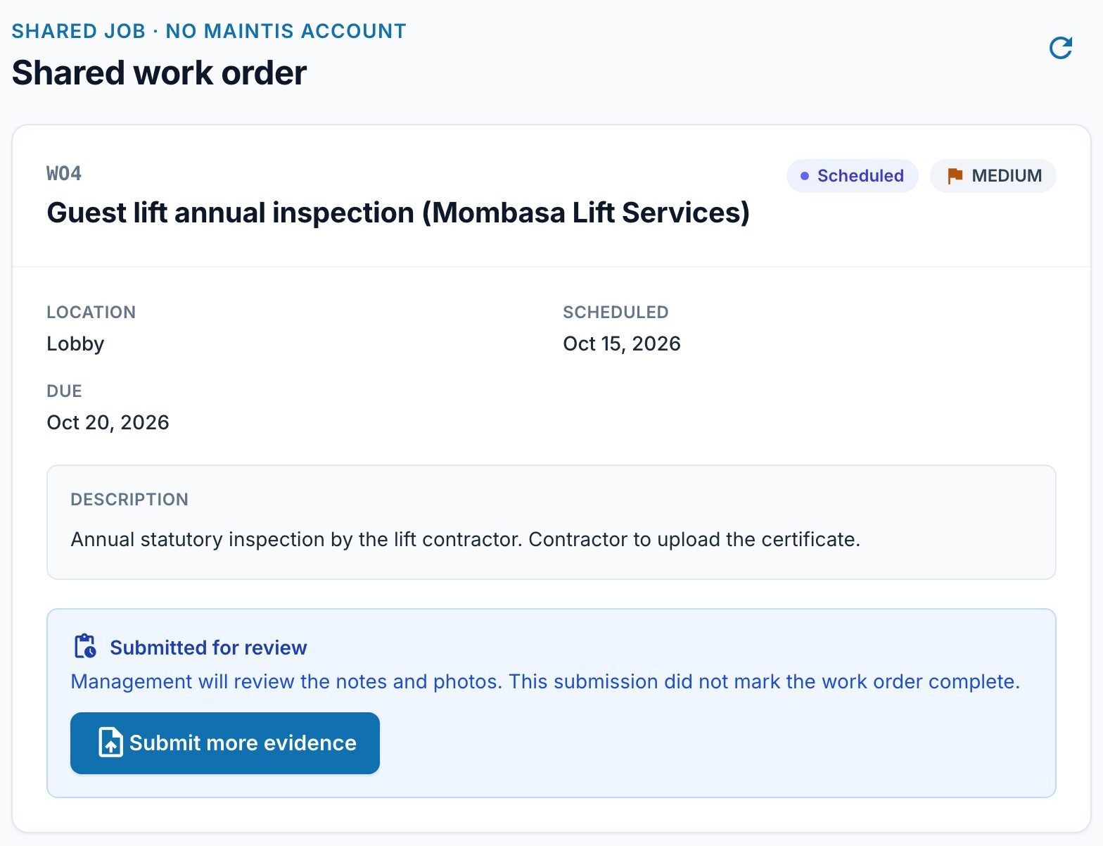 The contractor page for one shared work order: the job, its location and dates, and the submission waiting for the office to review.