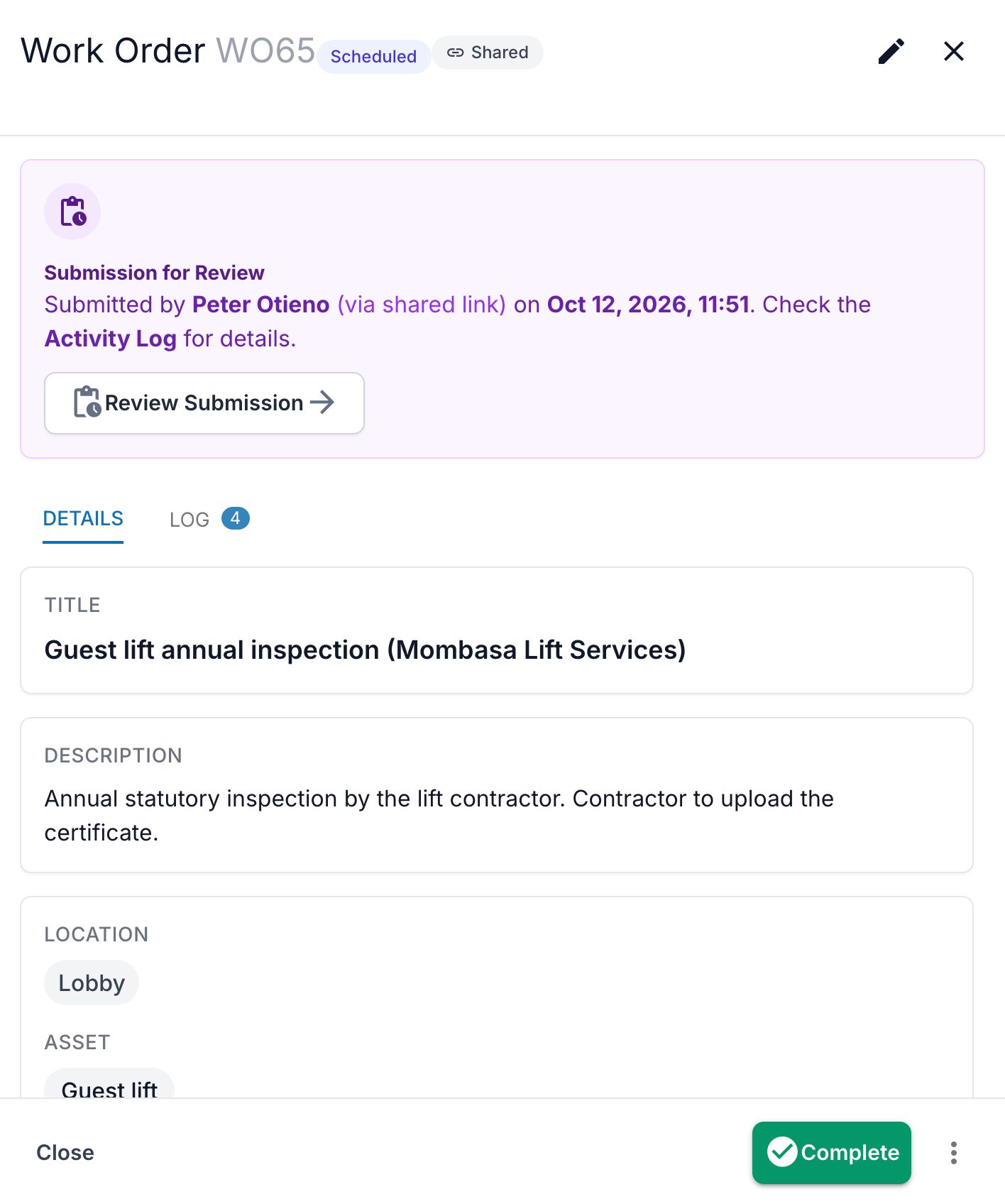 Work order WO65 in the Maintis web app: Guest lift annual inspection (Mombasa Lift Services), scheduled and shared, a contractor submission waiting for review, Lobby, asset Guest lift, medium priority, with a Complete button.