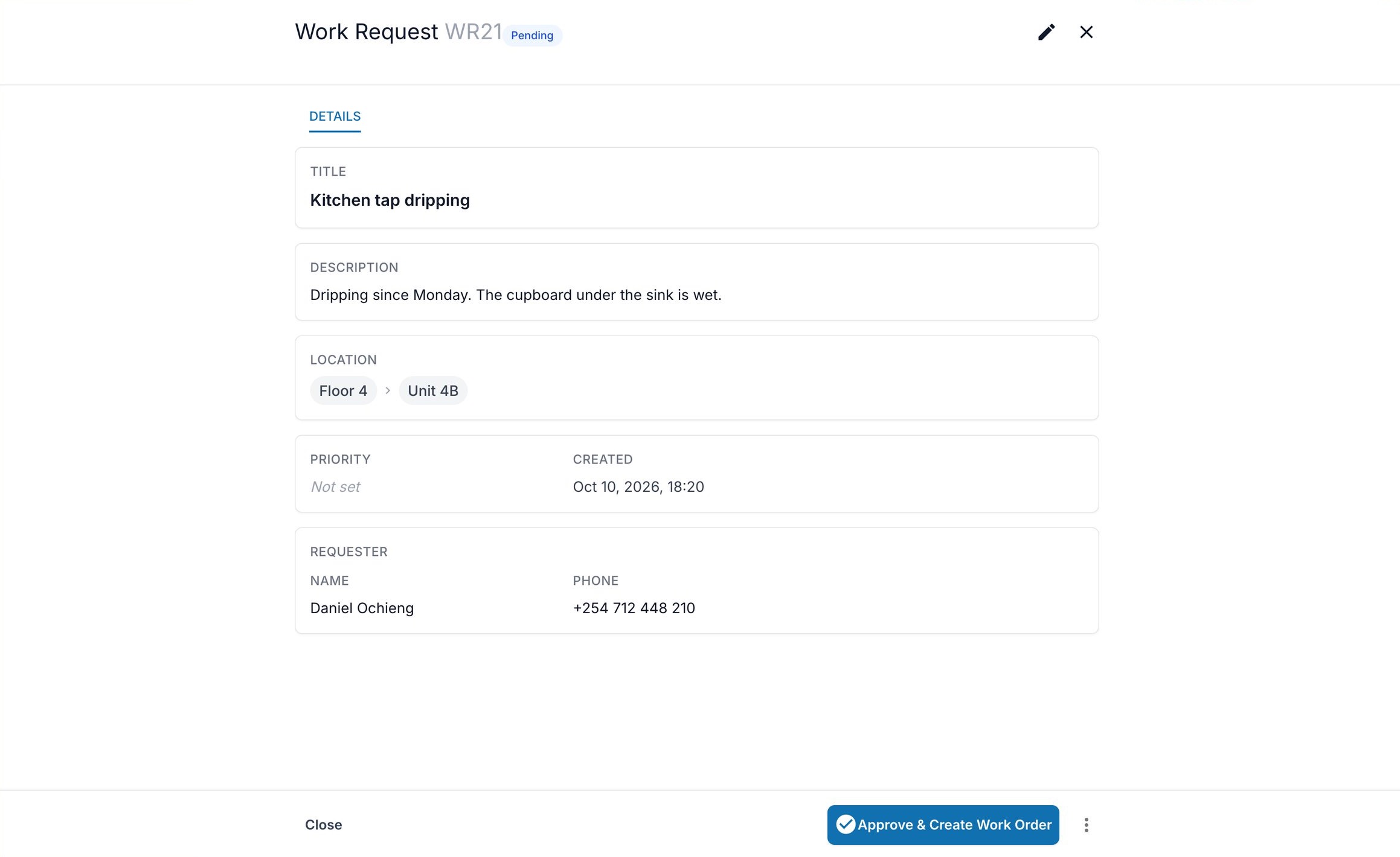 Work request from a tenant in the Maintis web app: Kitchen tap dripping in Unit 4B, reported from the mobile app, pending, with Approve and Create Work Order.