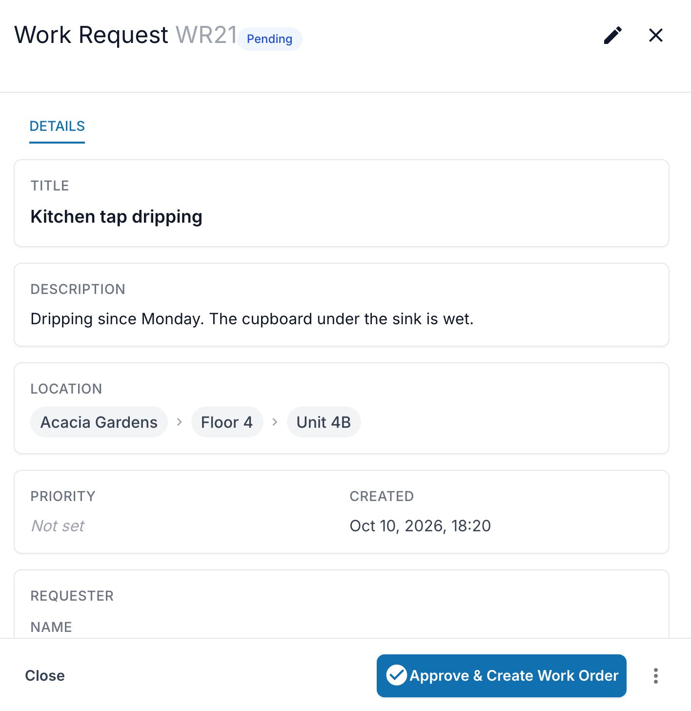 Work request WR21 in the Maintis web app: Kitchen tap dripping in Unit 4B, Floor 4, Acacia Gardens, pending, with Approve and Create Work Order.