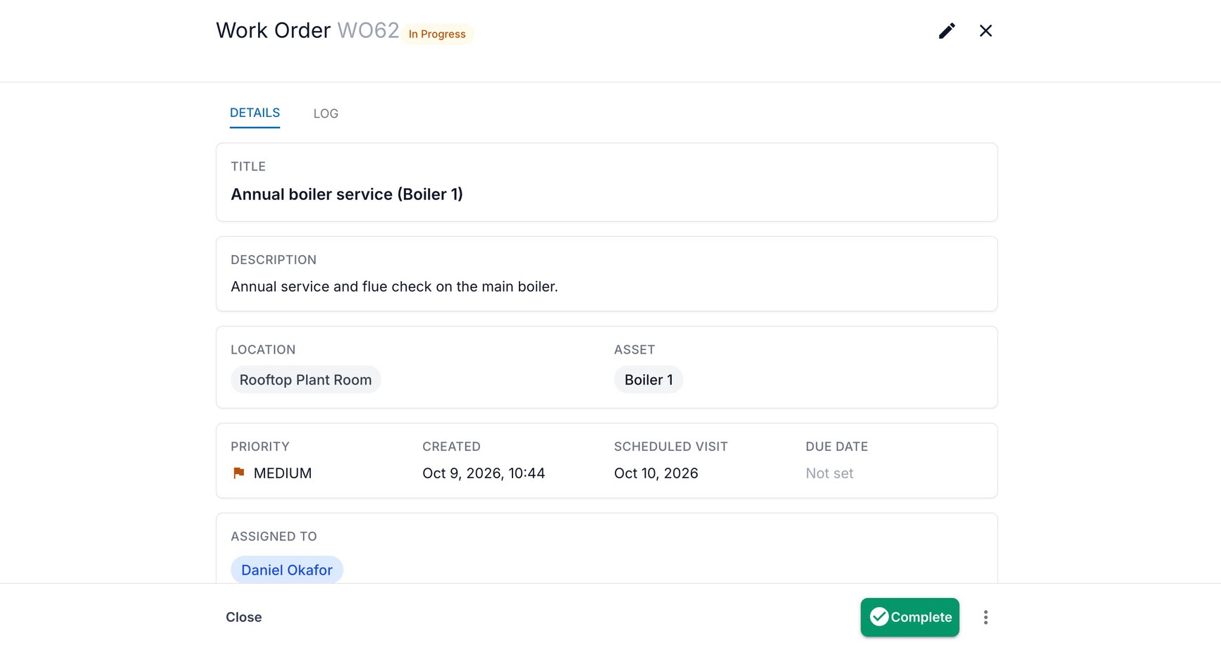 Work order WO62 in the Maintis web app: Annual boiler service (Boiler 1), in progress, Rooftop Plant Room, asset Boiler 1, medium priority, scheduled visit today, assigned to Daniel Okafor, with a Complete button.