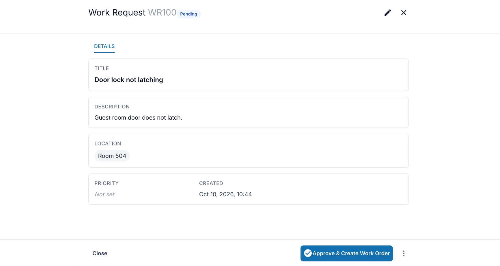 Work request WR100 in the Maintis web app: Door lock not latching in Room 504, reported from the mobile app, pending, with Approve and Create Work Order.