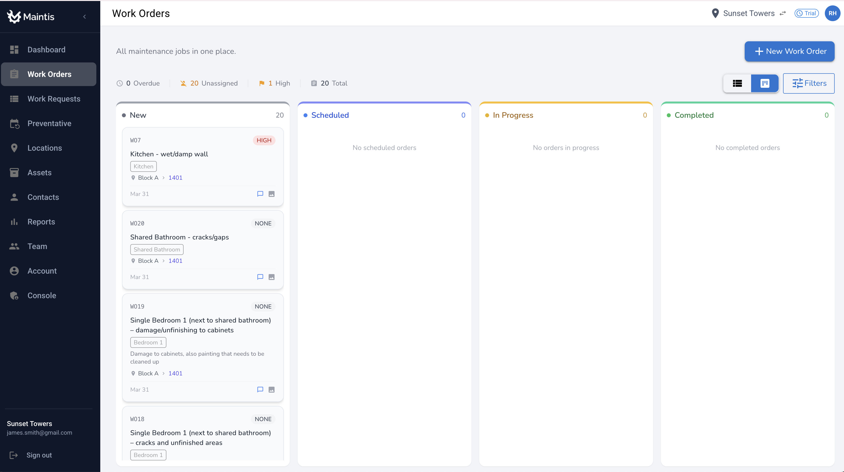 Maintis CMMS Kanban board view for work orders