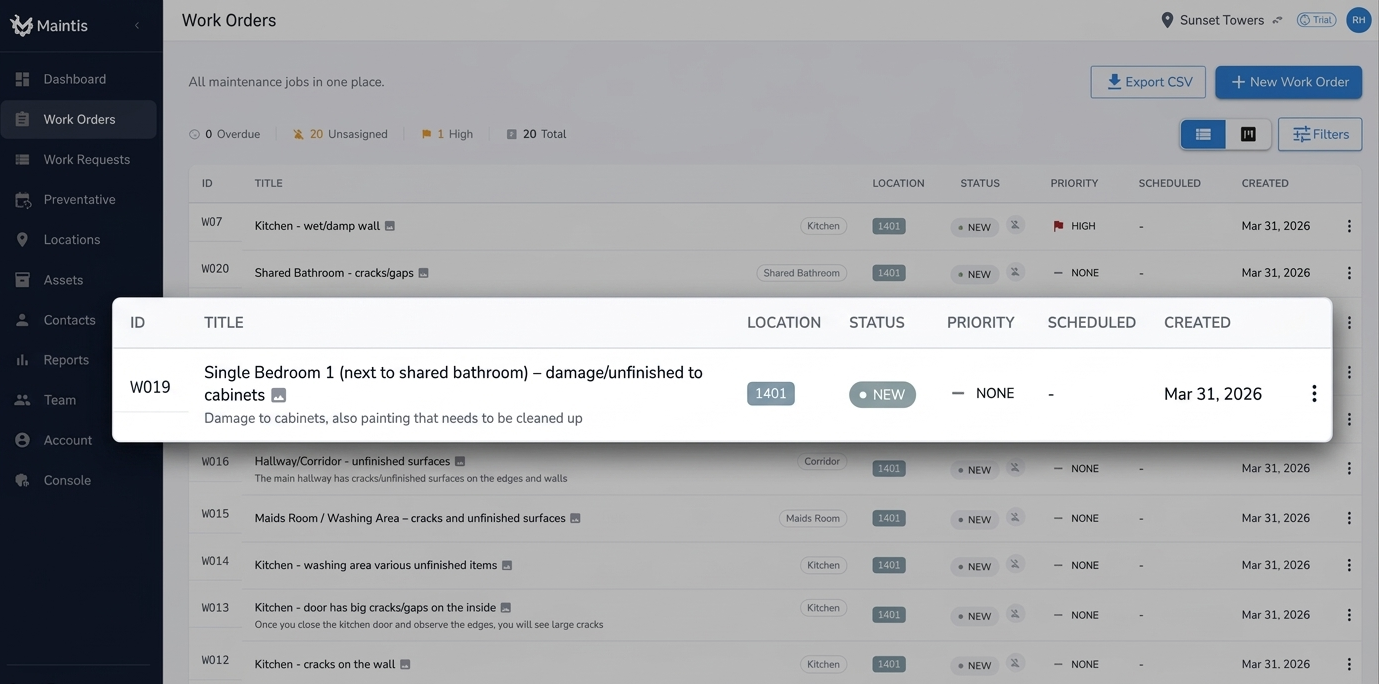 Maintis CMMS work order list view with status tracking